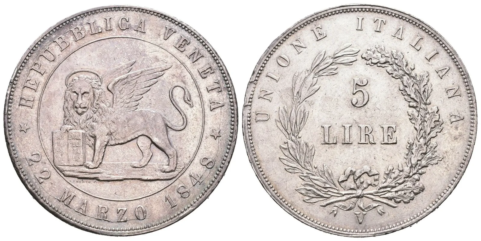 5 Lira 1848 V, Benátky, KM.186, krásná zachovalost, lesk, kabinetní patina, — 1
