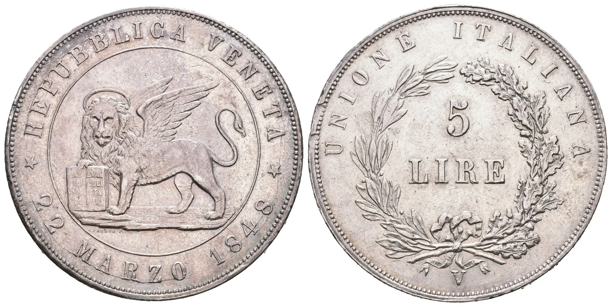 5 Lira 1848 V, Benátky, KM.186, krásná zachovalost, lesk, kabinetní patina, — 1