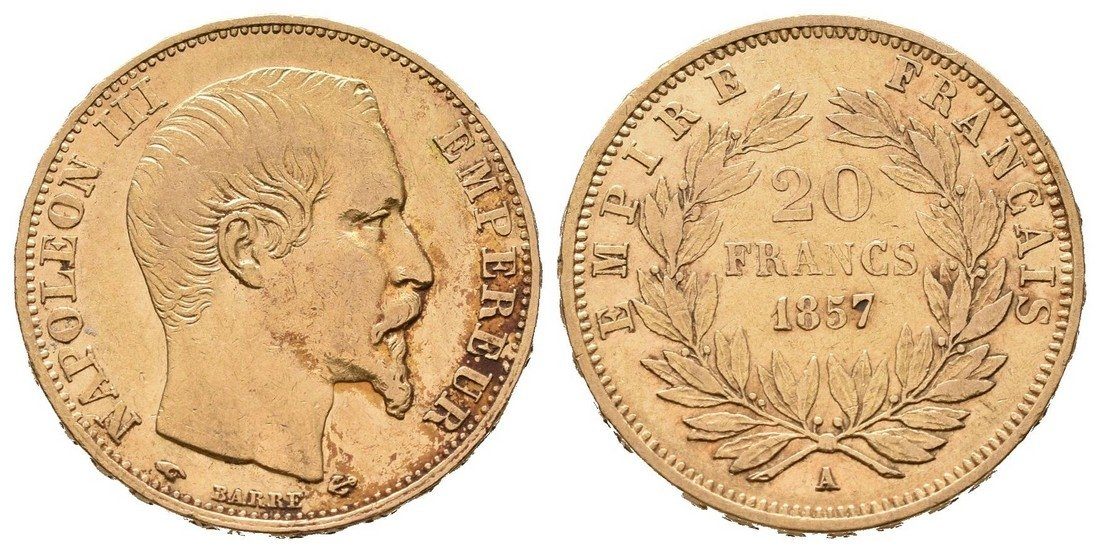 20 Frank 1857 A, Paříž, Au 0,900, 21,5 mm (6,4516 g)