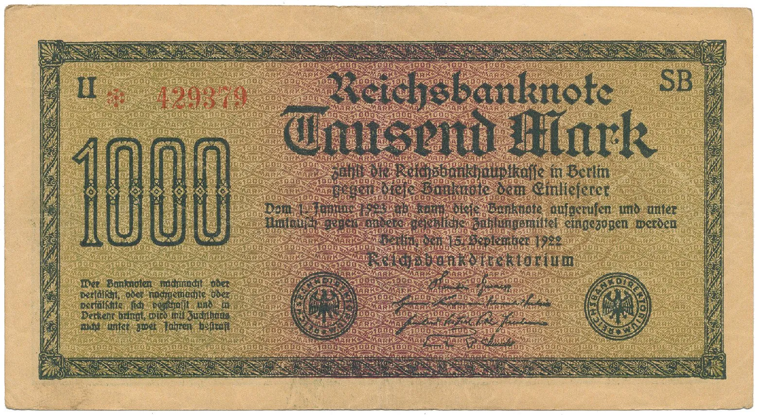 Německo, 1000 Mark 1922, vod. Dornen, Ro.75d