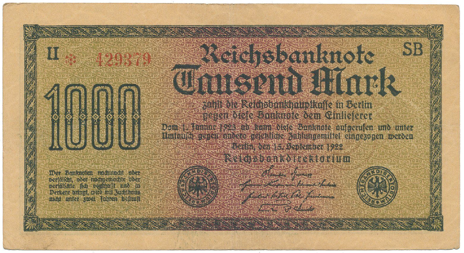 Německo, 1000 Mark 1922, vod. Dornen, Ro.75d