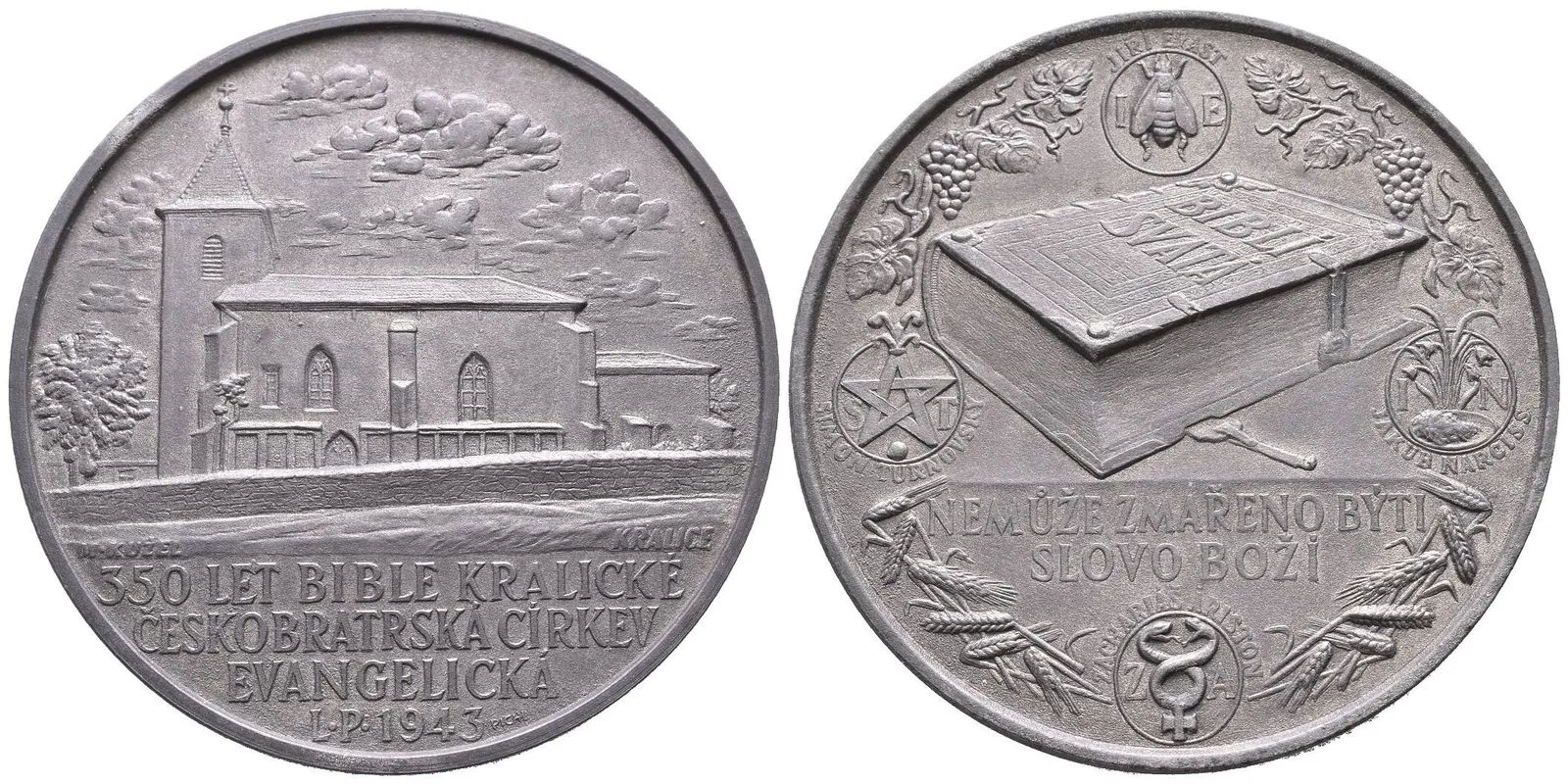 AE Medaile 1943 - 350. Výročí Bible kralické. Zinek 55 mm, patina — 1