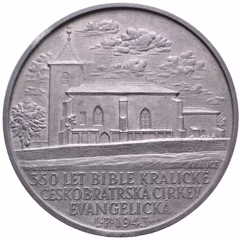 AE Medaile 1943 - 350. Výročí Bible kralické. Zinek 55 mm, patina