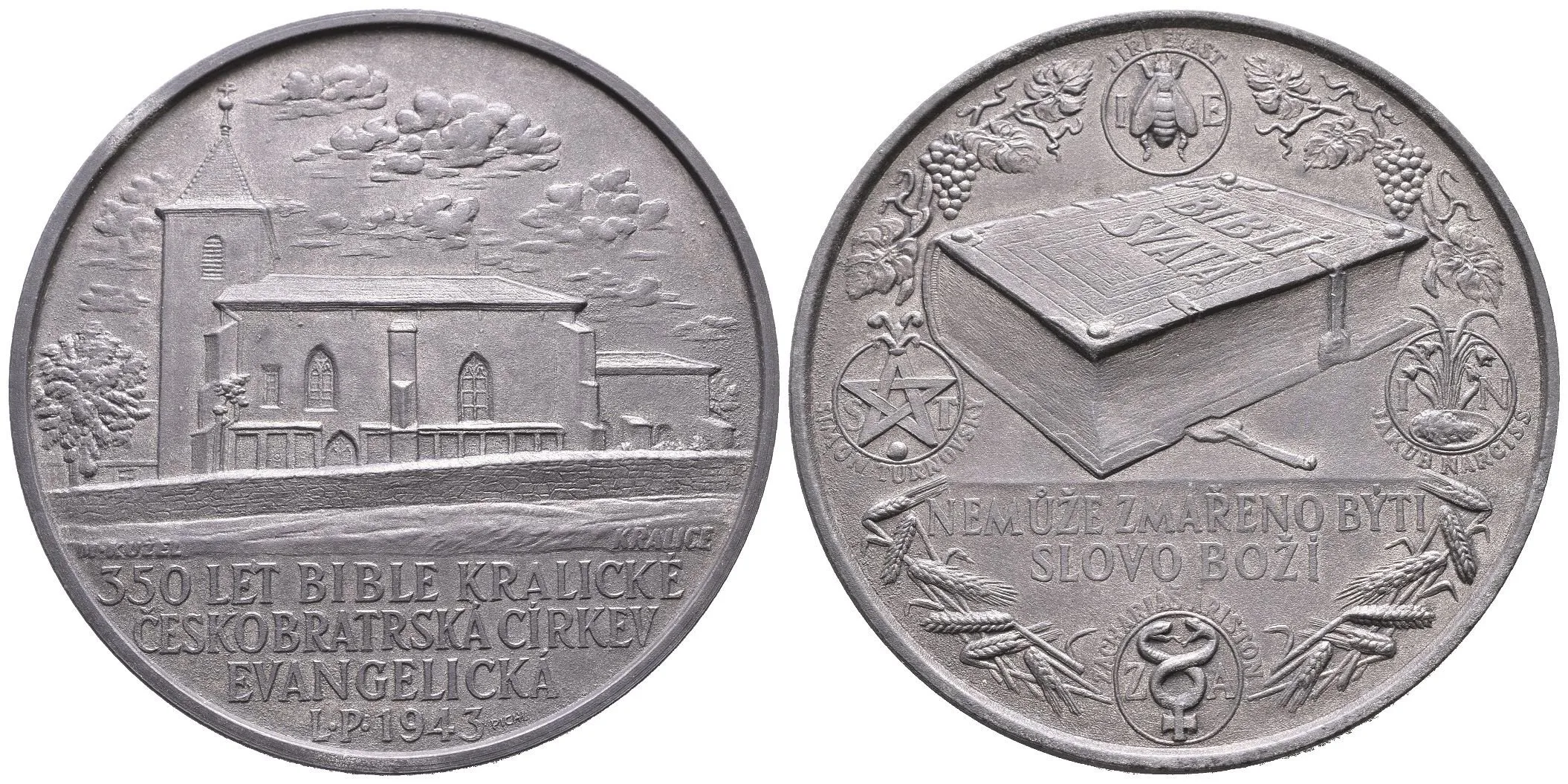 AE Medaile 1943 - 350. Výročí Bible kralické. Zinek 55 mm, patina — 1