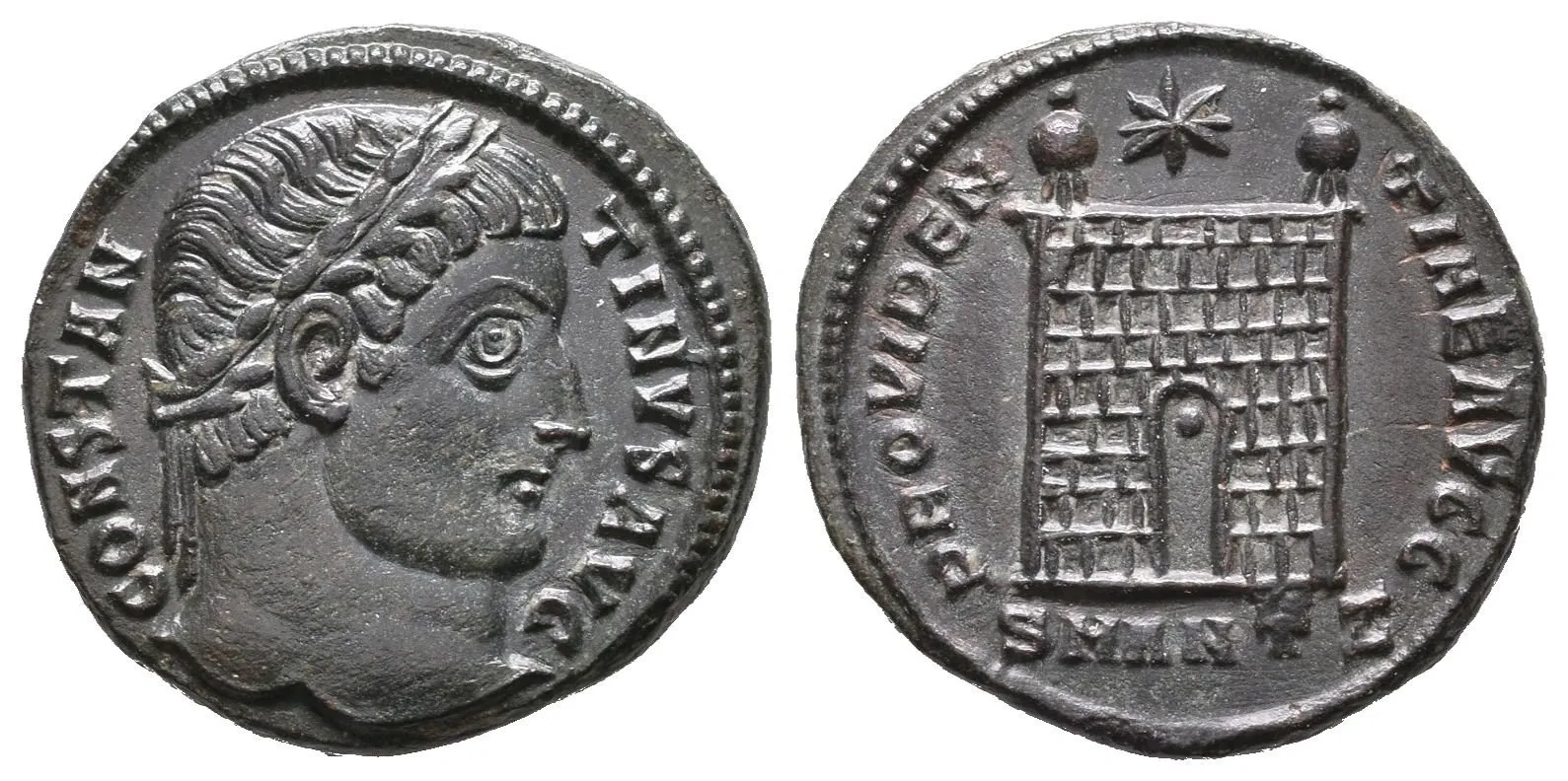 Follis, Antiochia, 327 - 239, Rv: PROVIDENTIAE AVGG, táborová brána, v exe. — 1