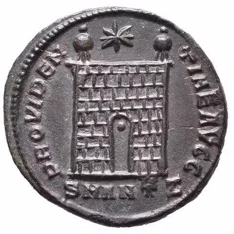 Follis, Antiochia, 327 - 239, Rv: PROVIDENTIAE AVGG, táborová brána, v exe.