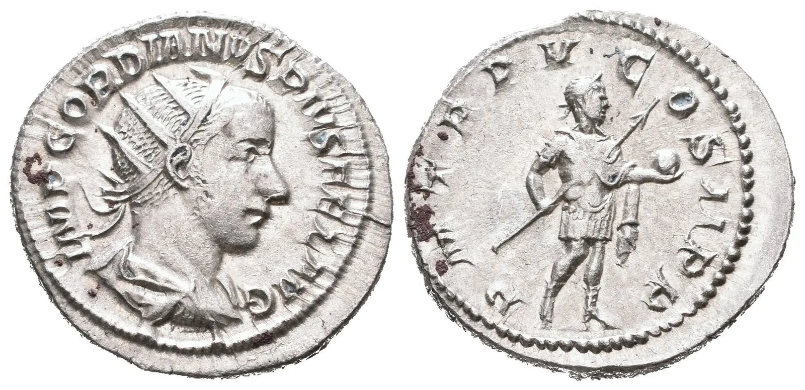 Antoninian, 241 - 243, Rv: P M TR P V COS II P P, stojící Gordian ve vojenském oděvu — 1