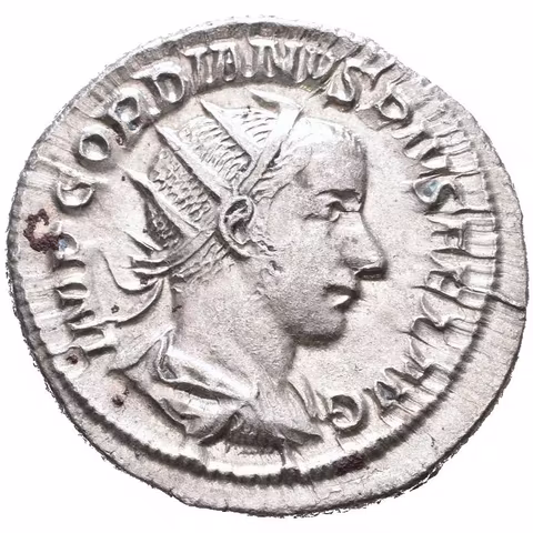 Antoninian, 241 - 243, Rv: P M TR P V COS II P P, stojící Gordian ve vojenském oděvu