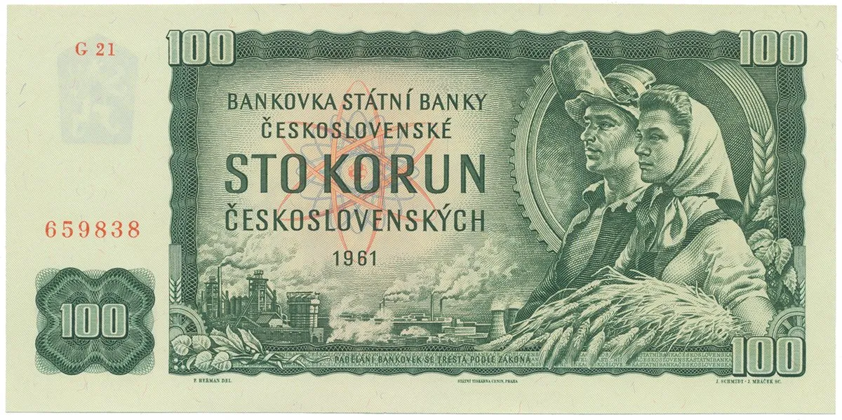 Československo, 100 Koruna 1961, II. vydání, série G, číslovač "Grafotechna", Hej.102aG