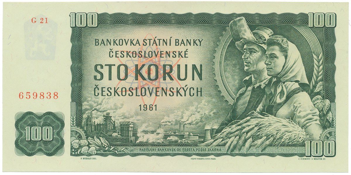 Československo, 100 Koruna 1961, II. vydání, série G, číslovač "Grafotechna", Hej.102aG