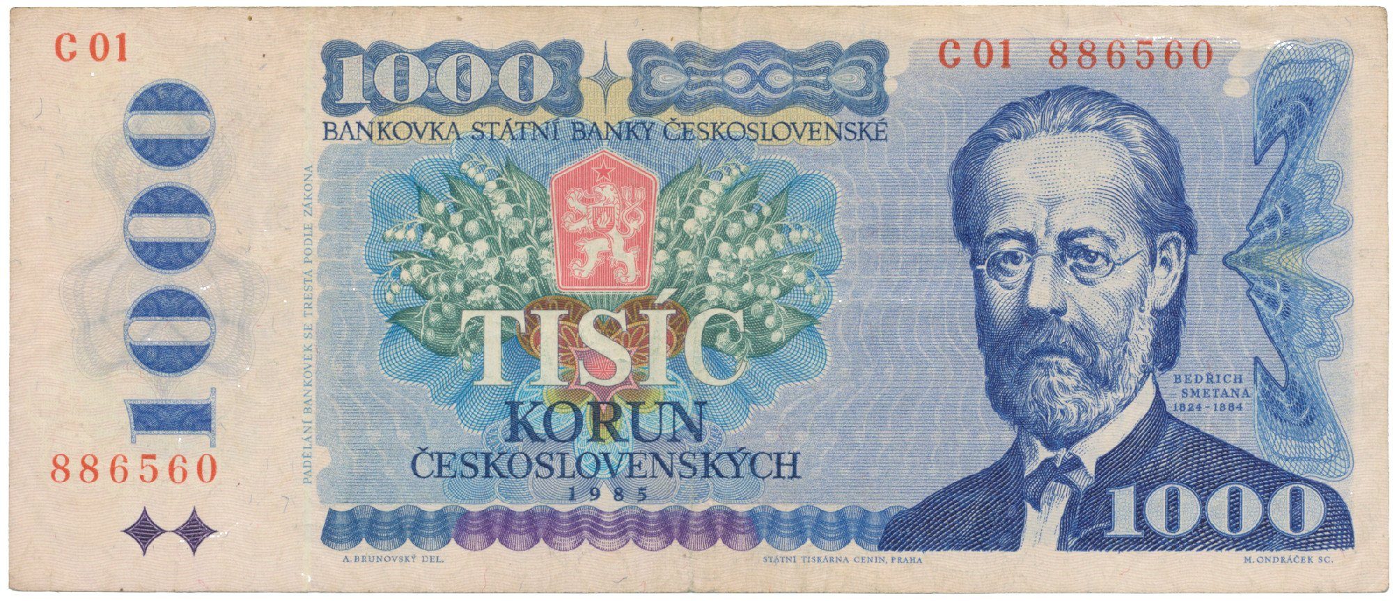 Československo, 1000 Koruna 1985, první série C 01,Hej.106aC