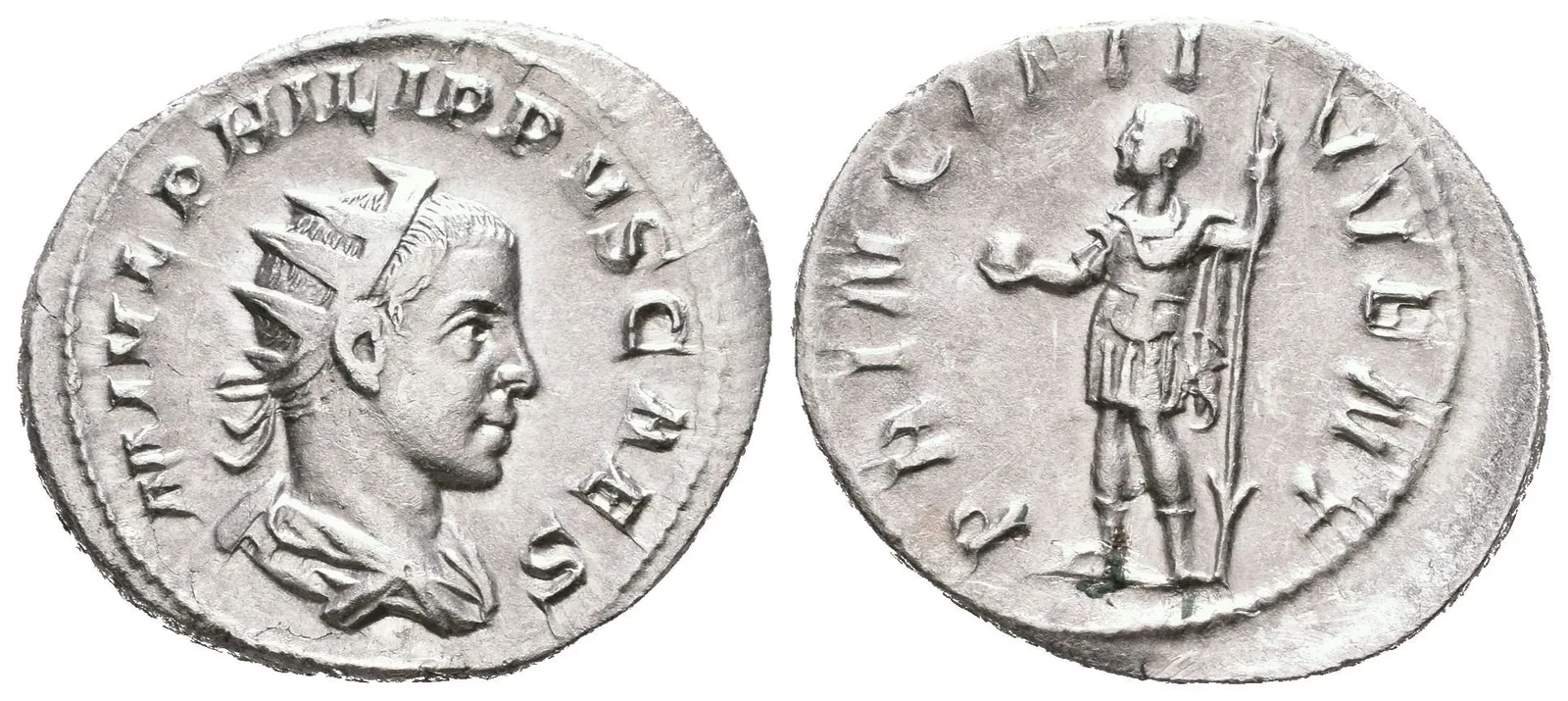 Antoninian, 244 - 246, Rv: PRINCIPI IVVENT, stojící Philip II. ve vojenském oděvu — 1