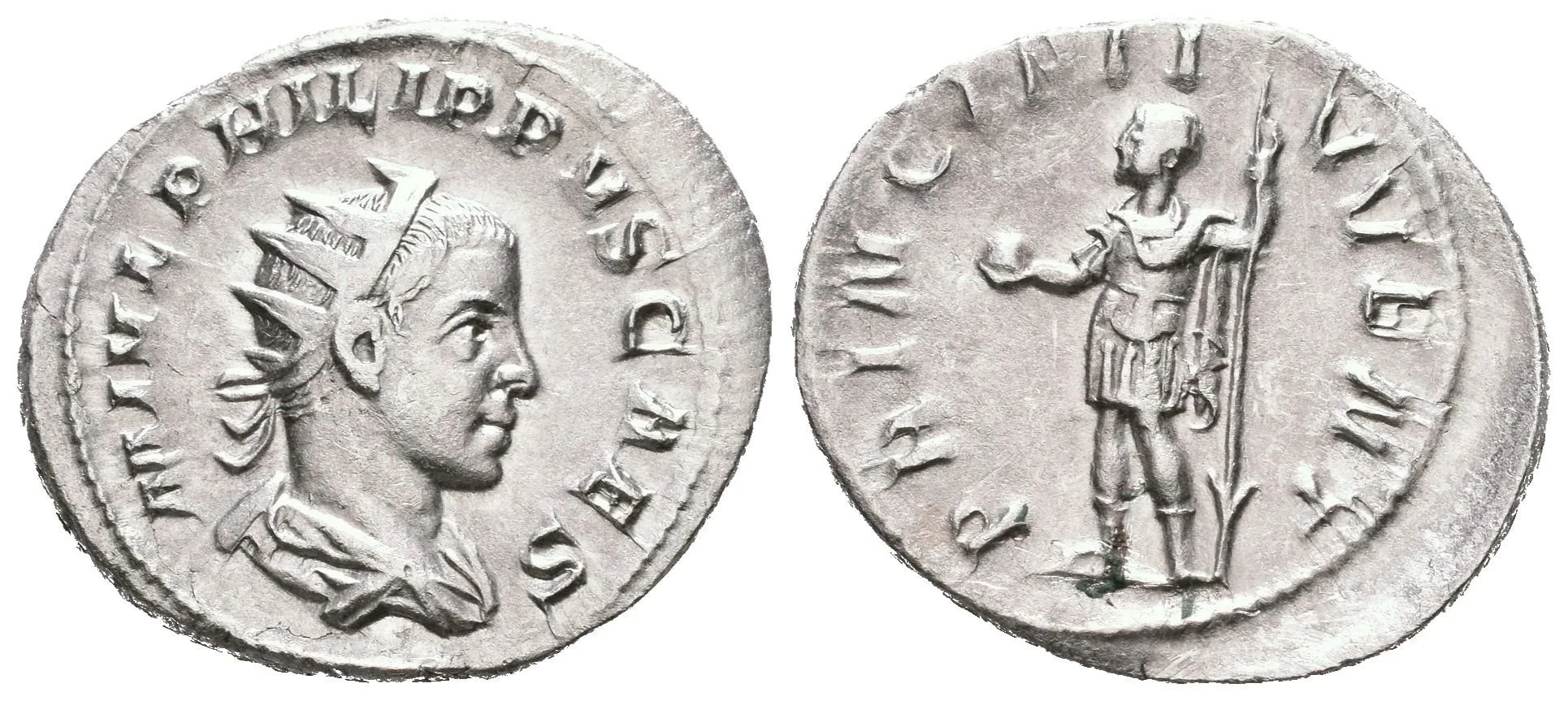 Antoninian, 244 - 246, Rv: PRINCIPI IVVENT, stojící Philip II. ve vojenském oděvu — 1