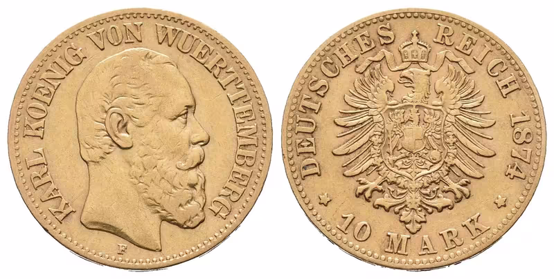 Württemberg, 10 Marka 1874 F