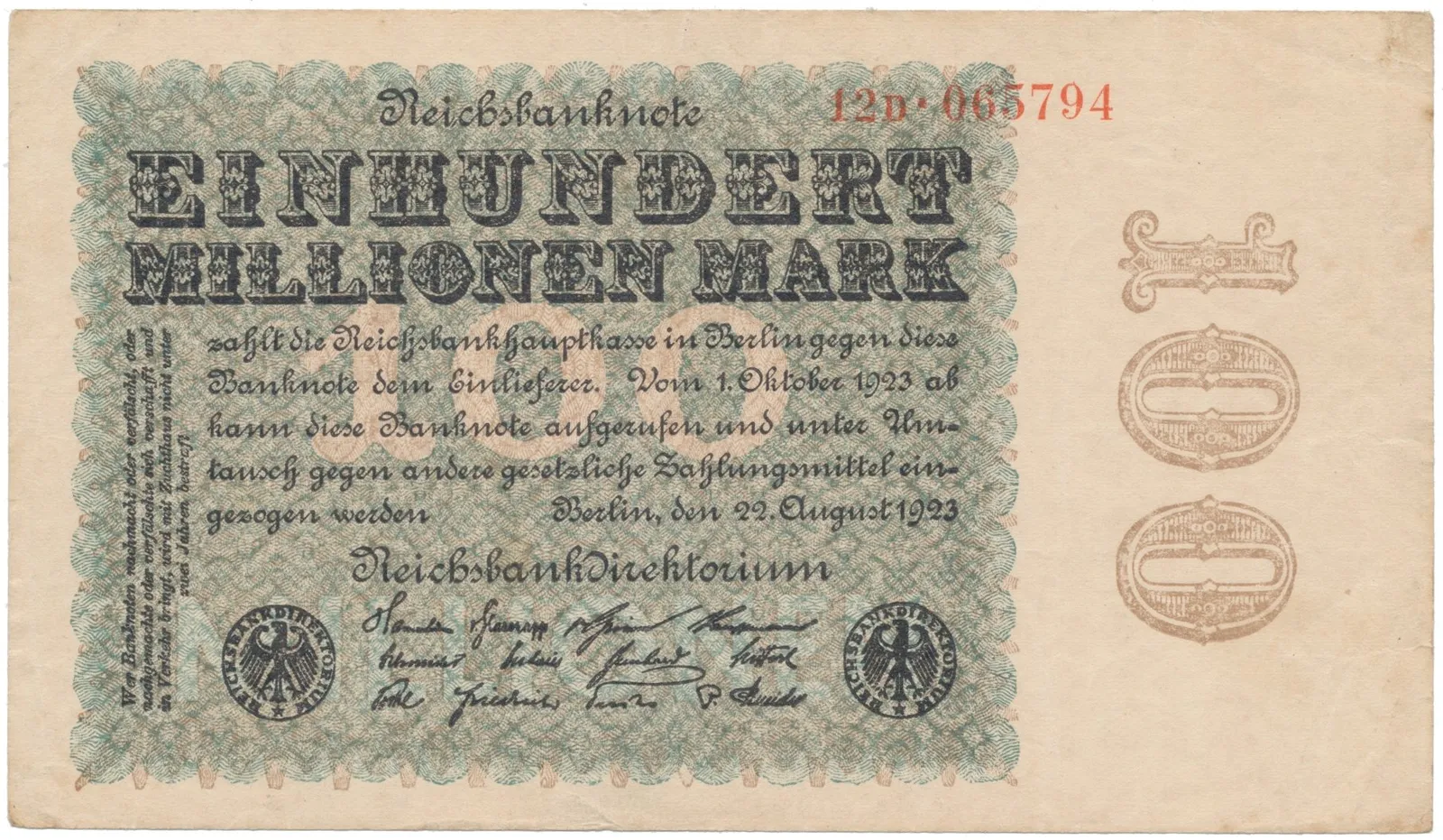 Německo, 100 Millionen Mark 1923, Kreuzblütten, Ro.106F