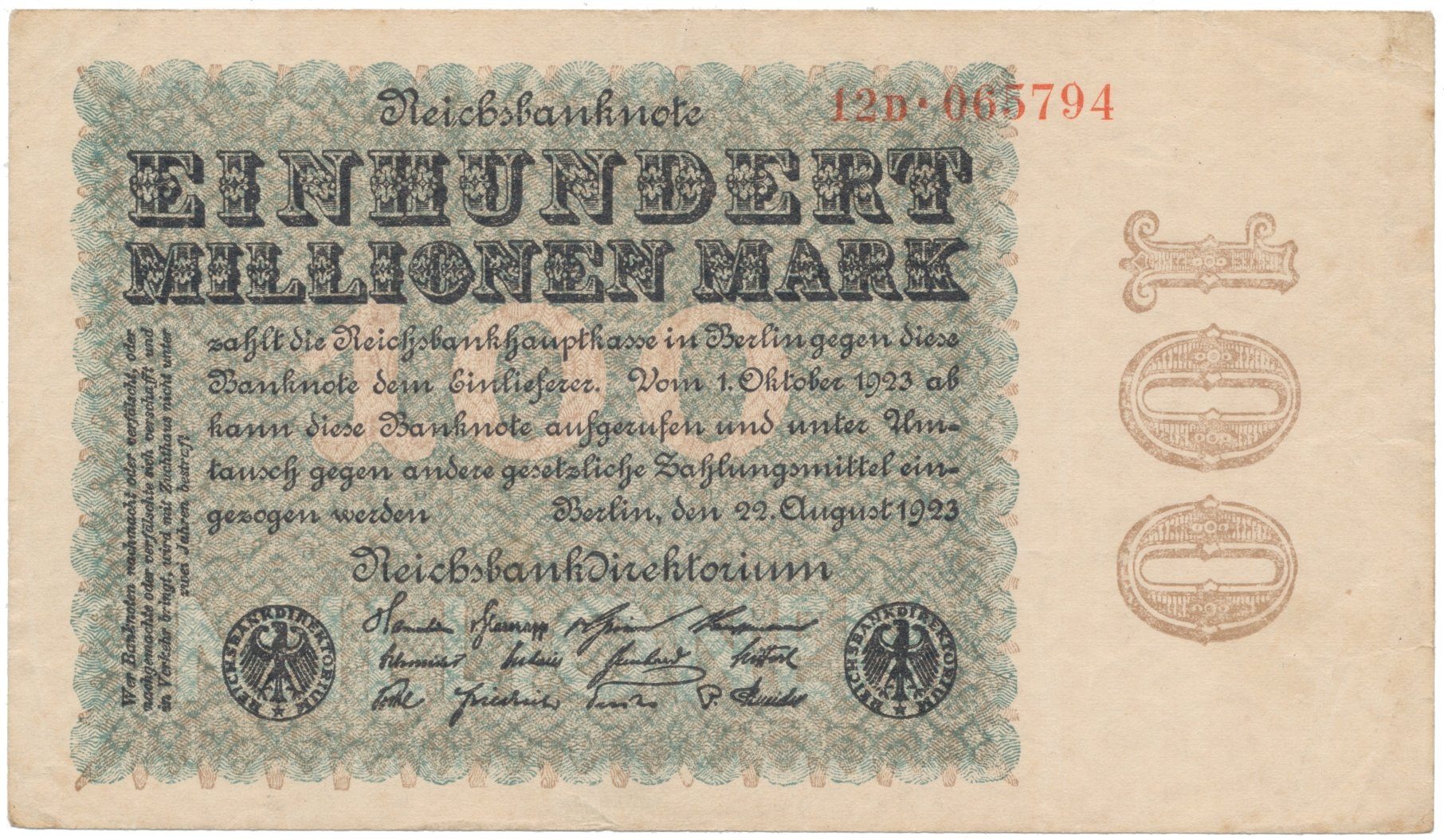 Německo, 100 Millionen Mark 1923, Kreuzblütten, Ro.106F