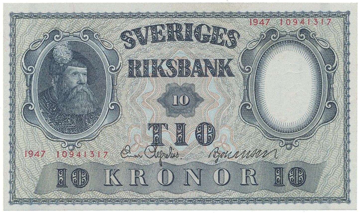 Švédsko, 10 Kronor 1947, červený číslovač, P.40h