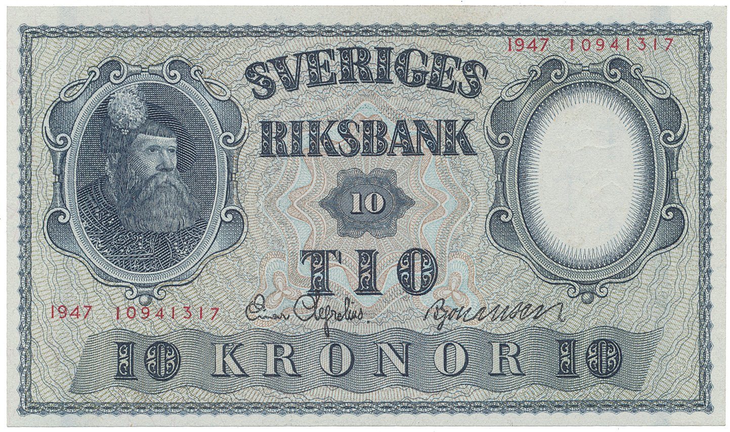 Švédsko, 10 Kronor 1947, červený číslovač, P.40h