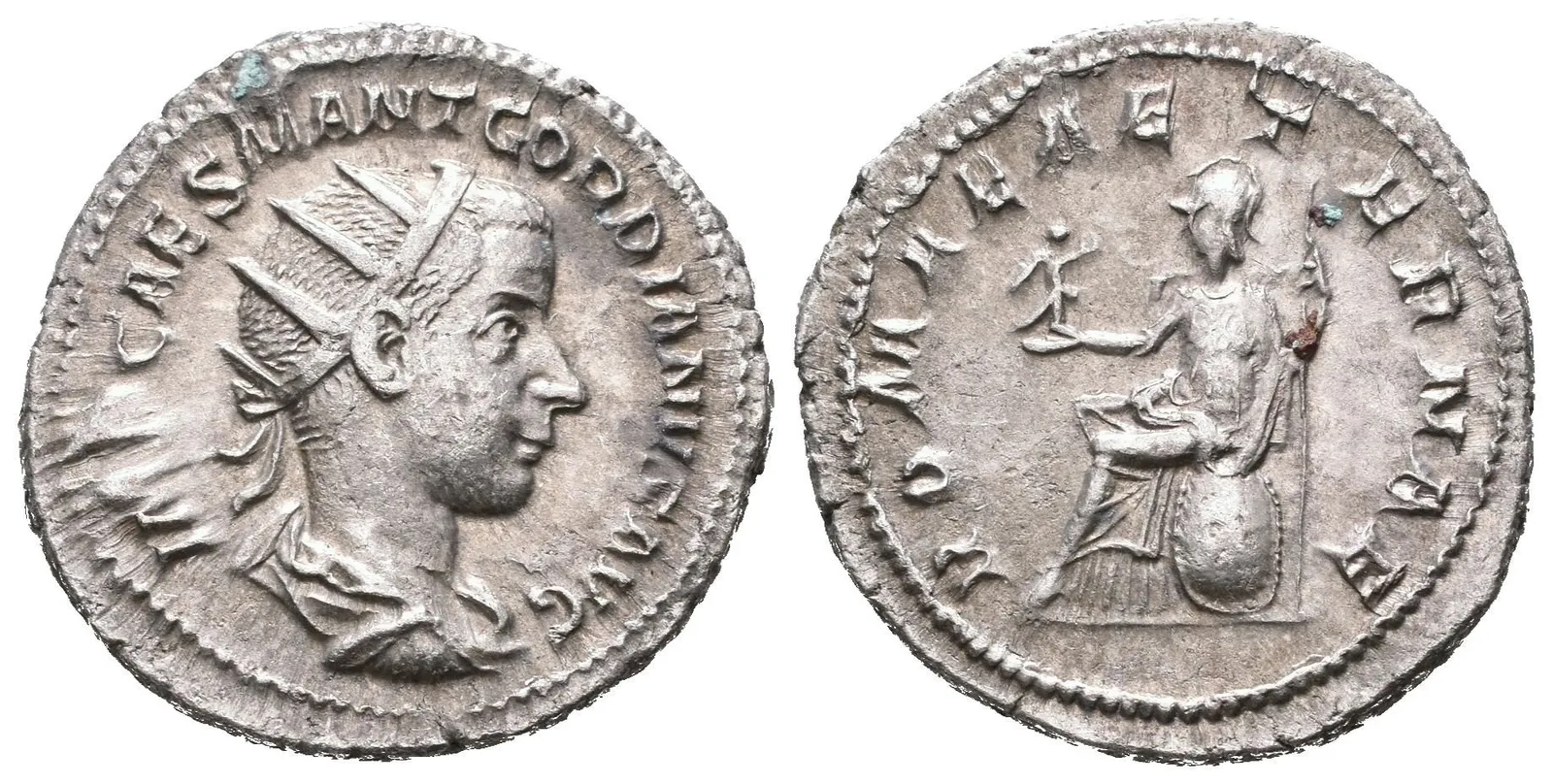 Antoninian, 240, Rv: ROMAE AETERNAE, sedící Roma zleva drží Victorii a oštěp, RIC.38, — 1