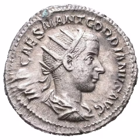 Antoninian, 240, Rv: ROMAE AETERNAE, sedící Roma zleva drží Victorii a oštěp, RIC.38,