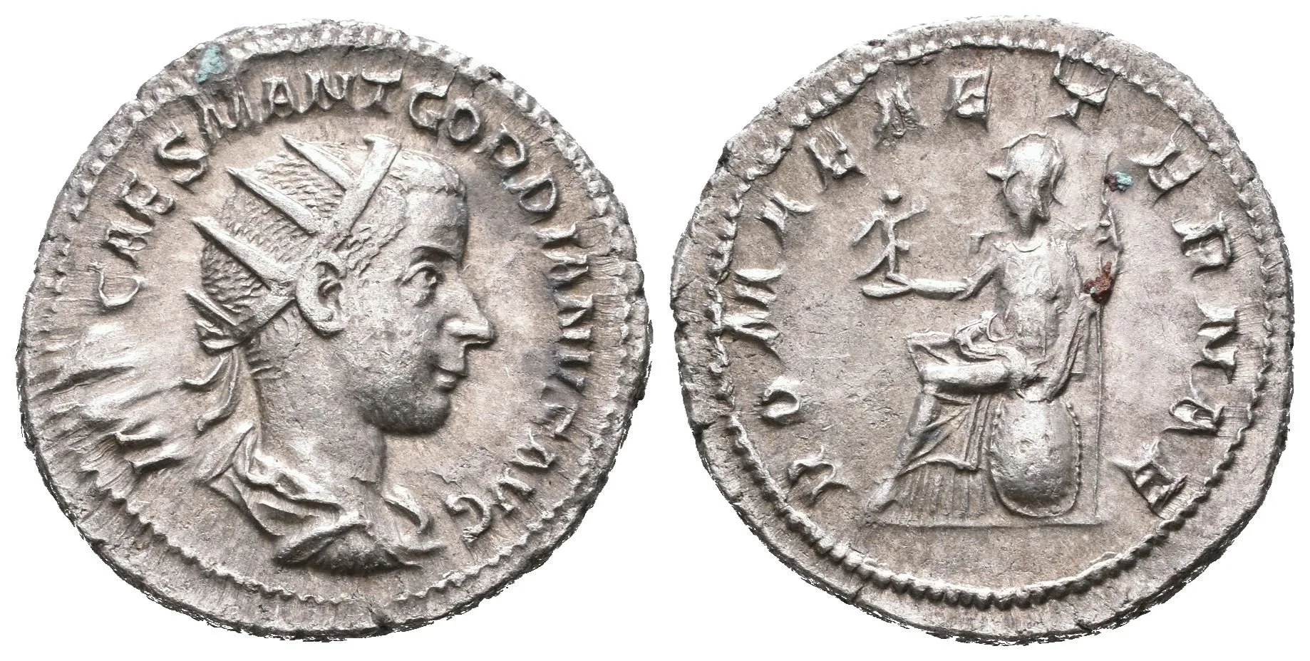 Antoninian, 240, Rv: ROMAE AETERNAE, sedící Roma zleva drží Victorii a oštěp, RIC.38, — 1