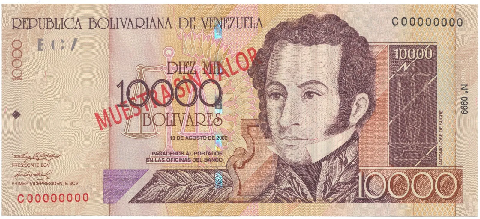 Venezuela, 10.000 Bolivares 2002, anulát - MUESTRA SIN VALOR, P.85cs