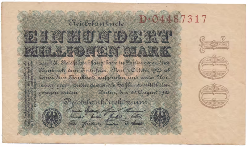 Německo, 100 Millionen Mark 1923, Kreuzblütten, Ro.106b