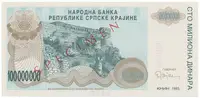 Chorvatsko - Srbská Krajina, 100 Miliona Dinara 1993, bankovní vzor, A 0000000, přet. SPECIMEN, P.R25s - fotografie 2