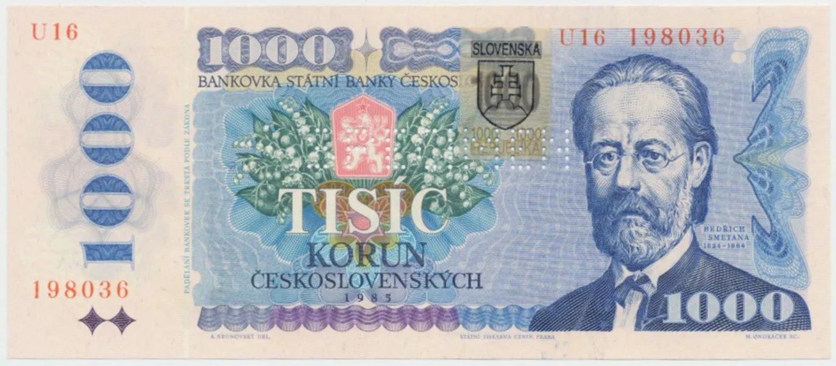 1000 Koruna / 1985, kolkovaná 1993, série U 16, bankovní vzor, Hej.SK6bU.V1