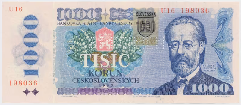 1000 Koruna / 1985, kolkovaná 1993, série U 16, bankovní vzor, Hej.SK6bU.V1