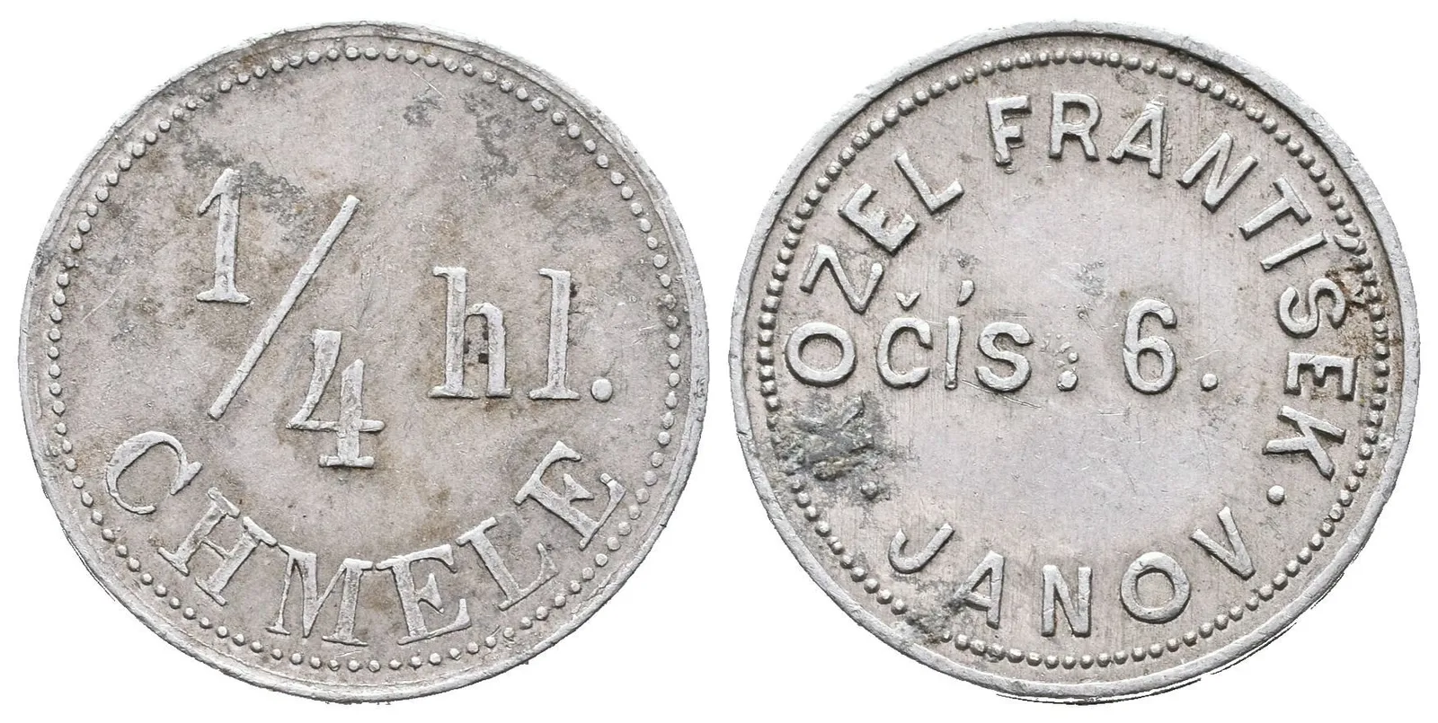 Janov - Kozel František, známka na věrtel chmele. Al 21 mm — 1