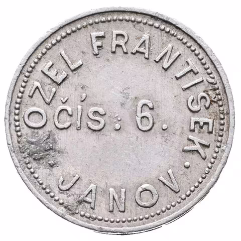 Janov - Kozel František, známka na věrtel chmele. Al 21 mm