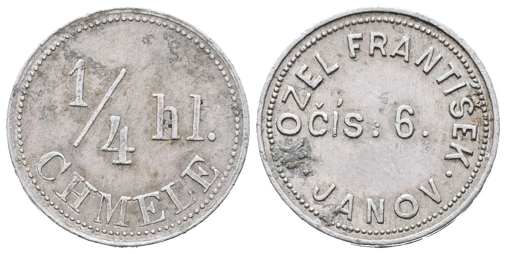 Janov - Kozel František, známka na věrtel chmele. Al 21 mm — 1