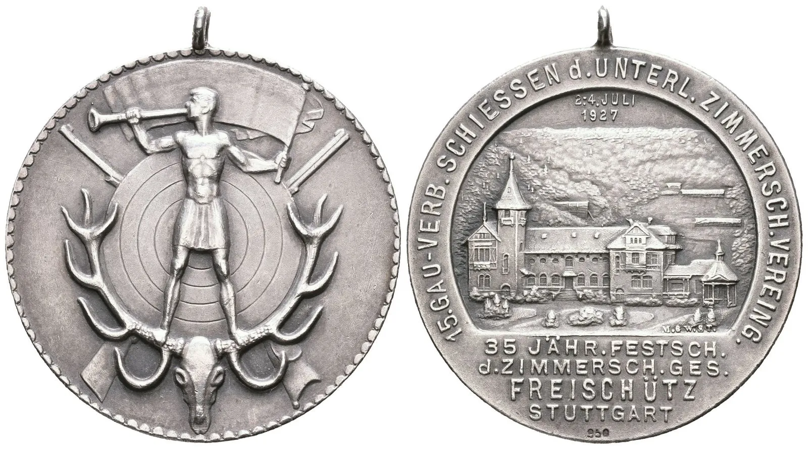 AR Medaile 1927 - 15. Župní spolkové střelby k 35. výročí založení střel. spolku Freischütz Stutgart, — 1