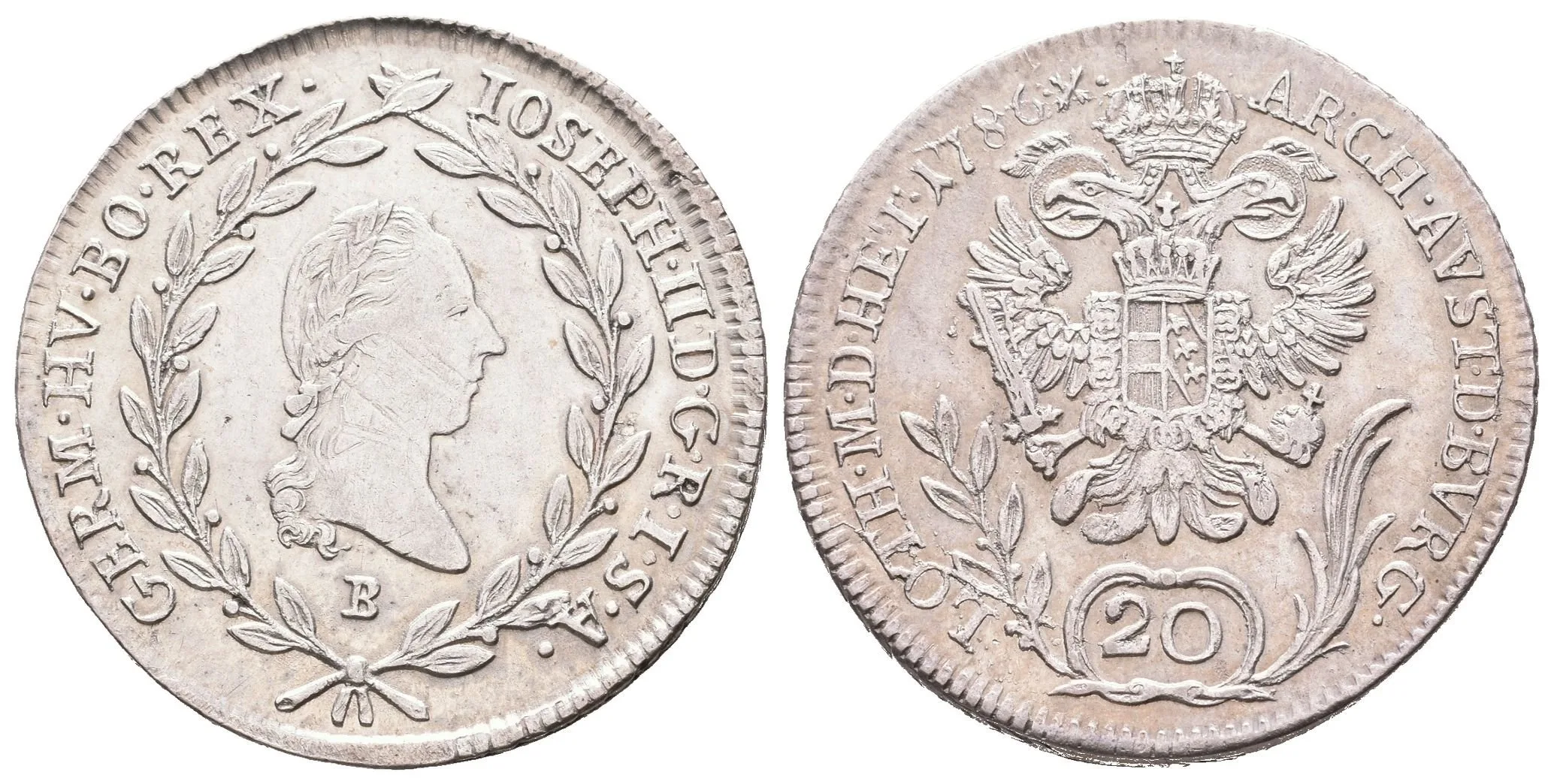 20 Krejcar 1786 B, Kremnica, Husz.1880, krásná zachovalost, patina, zbytky lesku, rysky — 1
