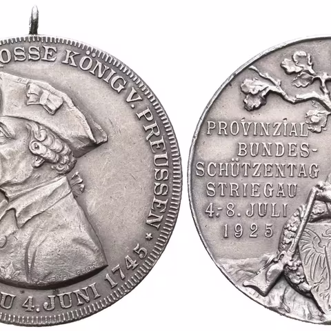 AR Medaile 1925 - Provinční spolkový střelecký den v Striegau, Fridrich Veliký.