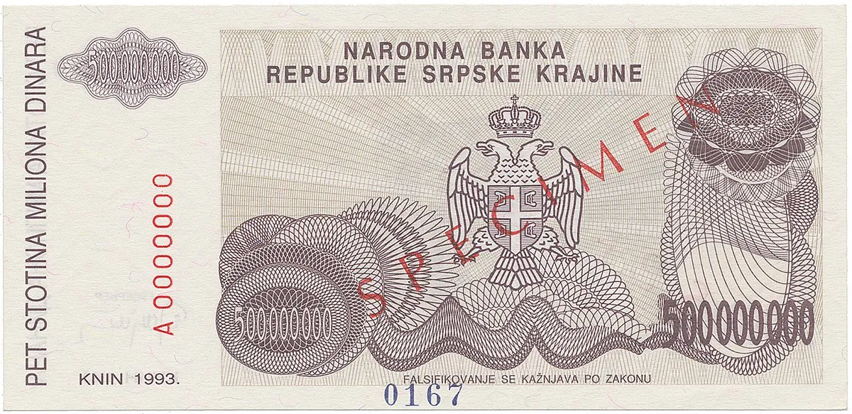 Chorvatsko - Srbská Krajina, 500 Miliona Dinara 1993, bankovní vzor, A 0000000, přet. SPECIMEN, P.R26s