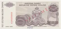 Chorvatsko - Srbská Krajina, 500 Miliona Dinara 1993, bankovní vzor, A 0000000, přet. SPECIMEN, P.R26s