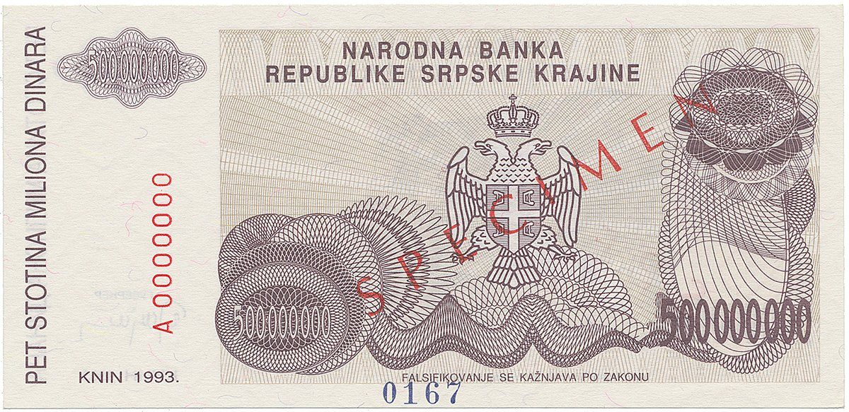 Chorvatsko - Srbská Krajina, 500 Miliona Dinara 1993, bankovní vzor, A 0000000, přet. SPECIMEN, P.R26s