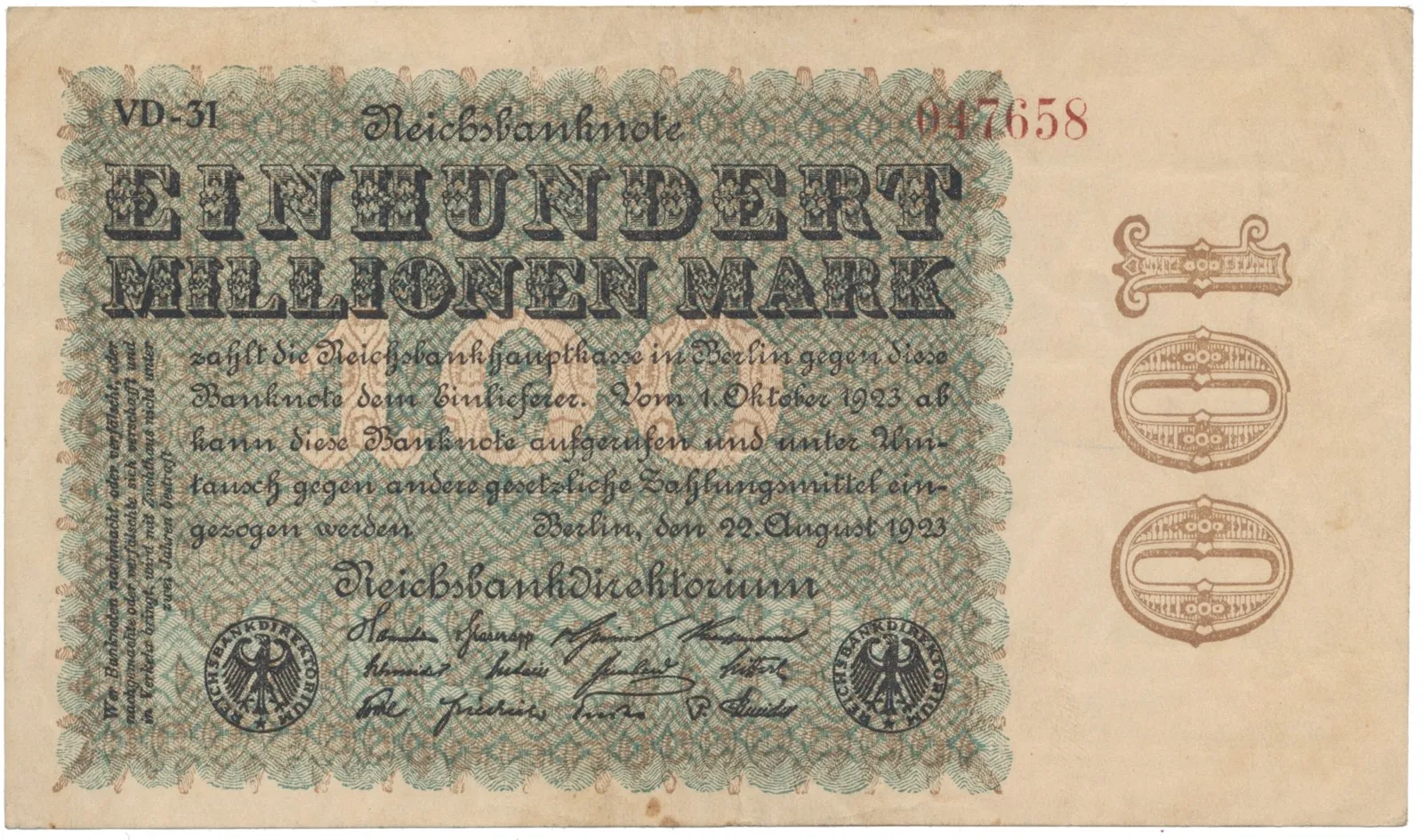 Německo, 100 Millionen Mark 1923, Hakensterne, Ro.106l