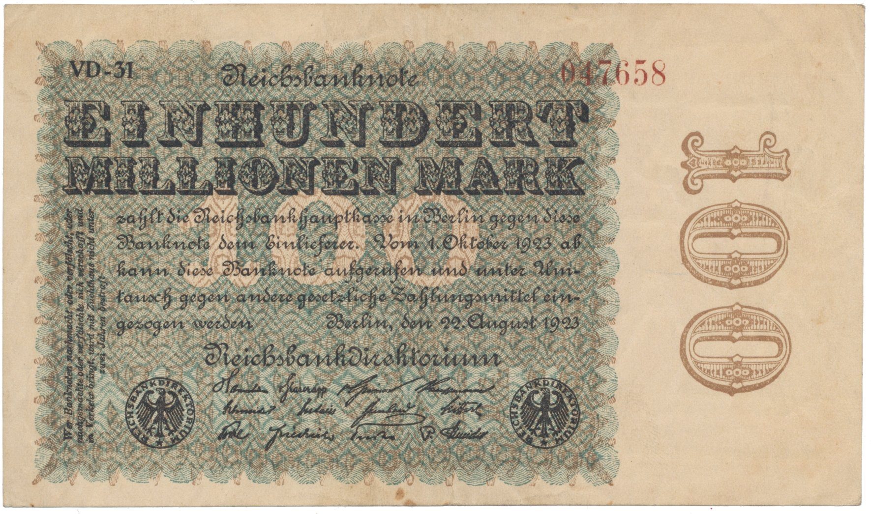 Německo, 100 Millionen Mark 1923, Hakensterne, Ro.106l