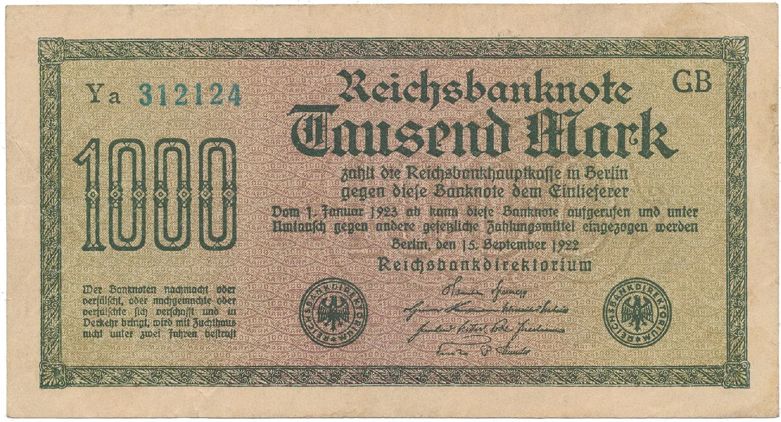 Německo, 1000 Mark 1922, vod. Gitter, modrozelené 6-místné číslo, Ro.75n