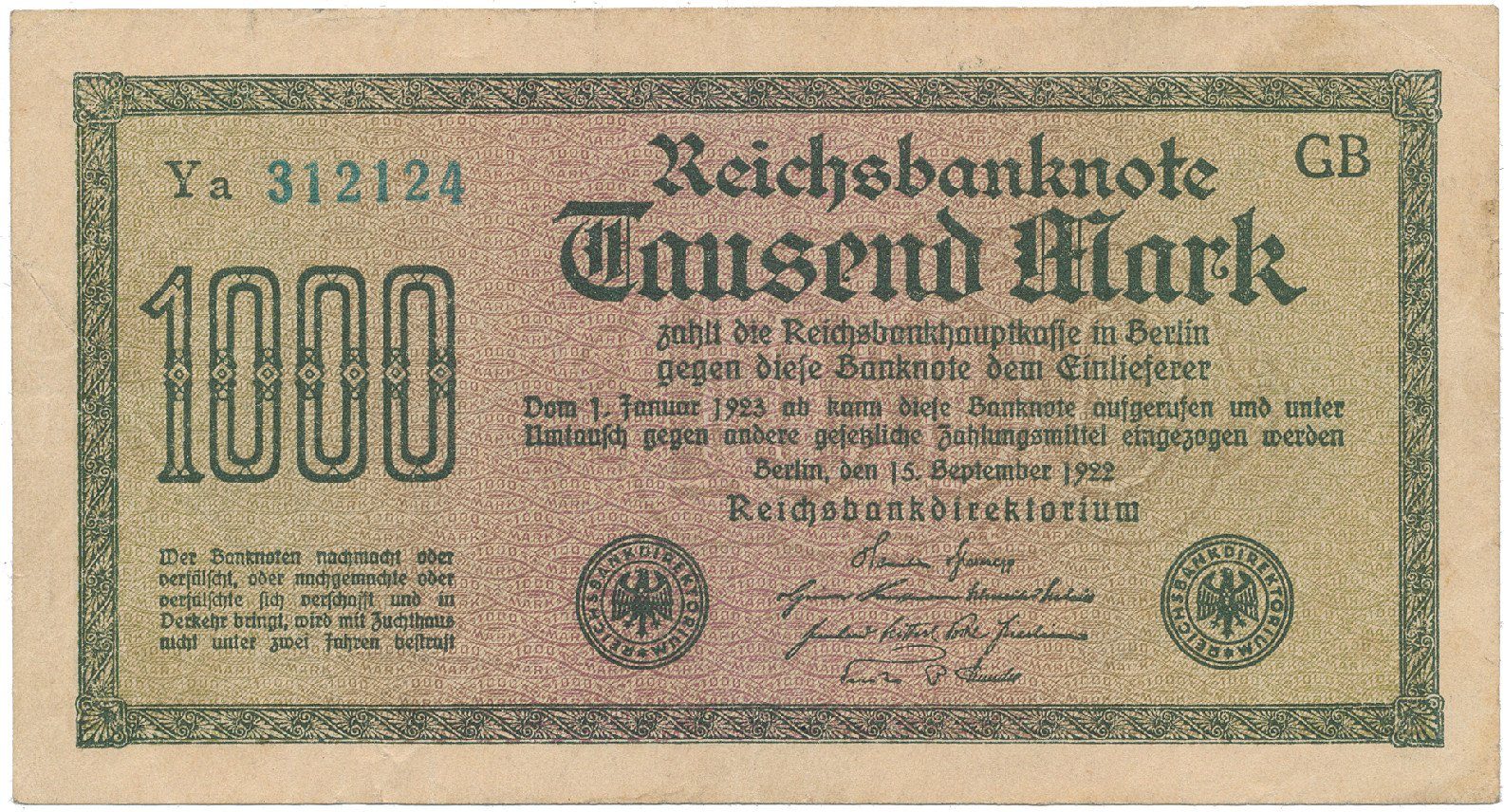 Německo, 1000 Mark 1922, vod. Gitter, modrozelené 6-místné číslo, Ro.75n