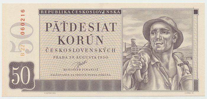 Československo, 50 Koruna 1950, II. vydání, perf. 3 md svisle, Hej.88a.S1