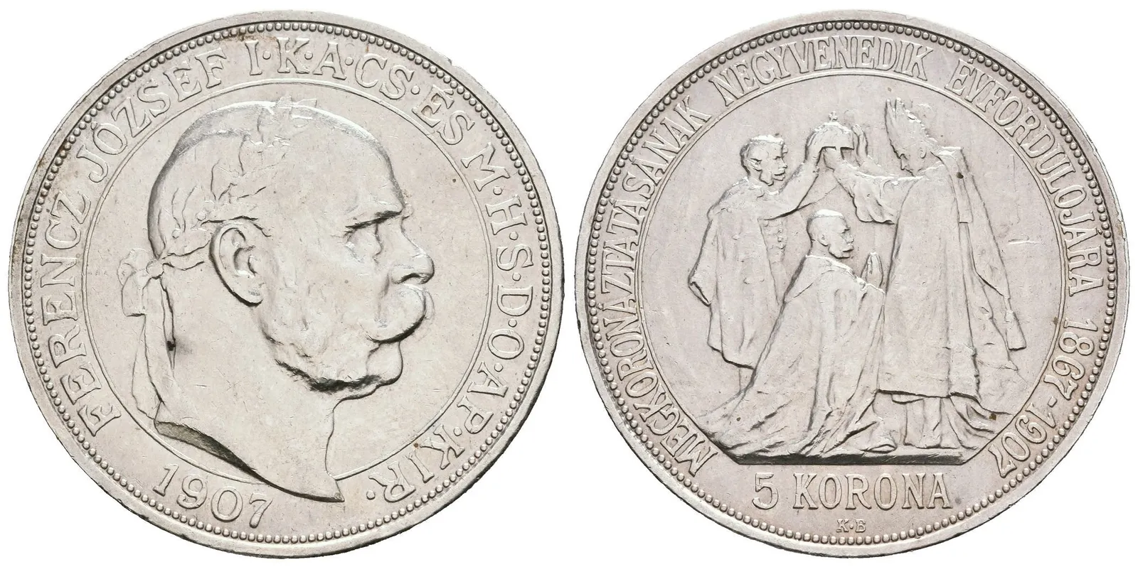 5 Koruna 1907 KB - Jubilejní k 40. výročí korunovace na uherského krále, — 1