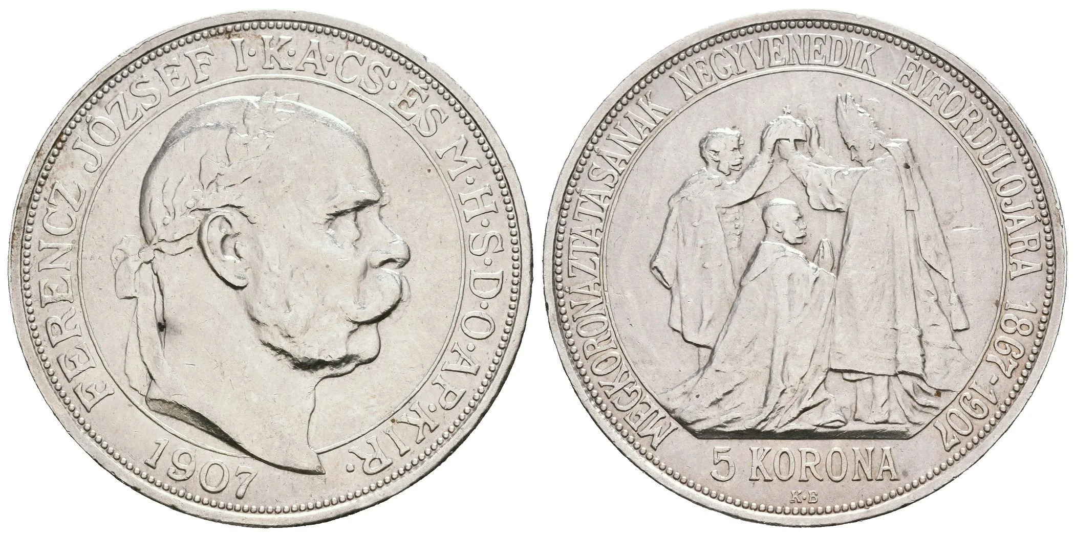 5 Koruna 1907 KB - Jubilejní k 40. výročí korunovace na uherského krále, — 1