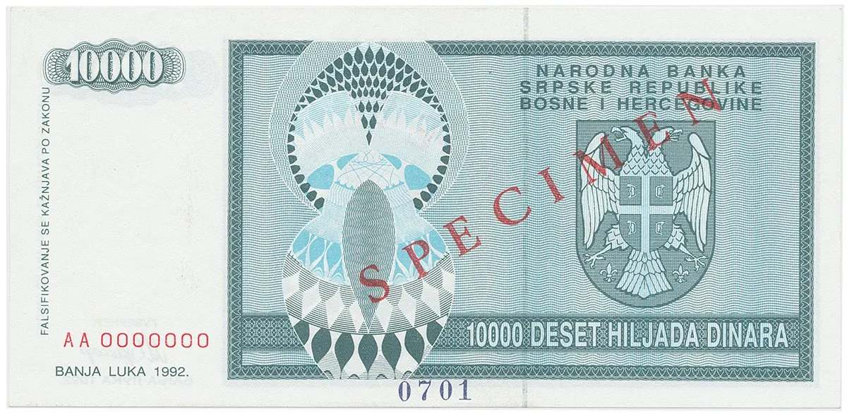 Bosna a Hercegovina, 10.000 Dinara 1992, bankovní vzor, AA 0000000, přet. SPECIMEN, P.139s