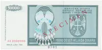 Bosna a Hercegovina, 10.000 Dinara 1992, bankovní vzor, AA 0000000, přet. SPECIMEN, P.139s