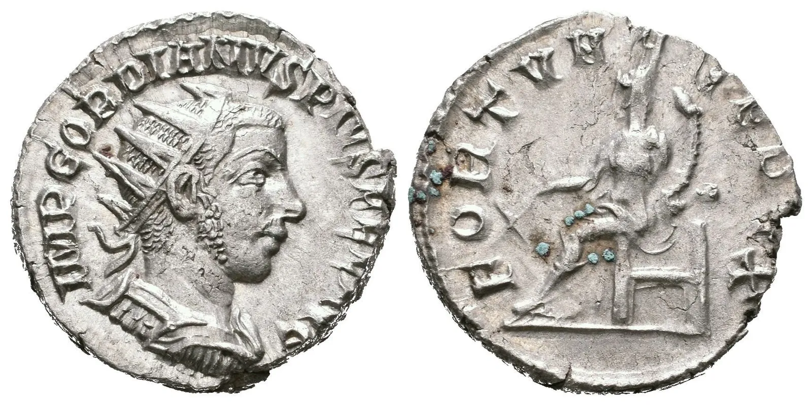 Antoninian, Antiochia, 242 - 244, Rv: FORTVNA REDVX, sedící Fortuna zleva drží — 1
