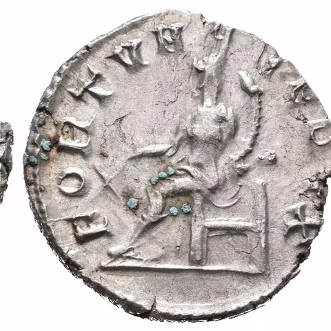 Antoninian, Antiochia, 242 - 244, Rv: FORTVNA REDVX, sedící Fortuna zleva drží